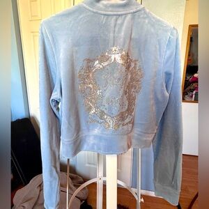 Juicy Couture Baby Blue Velour Jacket Y2K 2000s Embroidered Logo Zip Hoodie